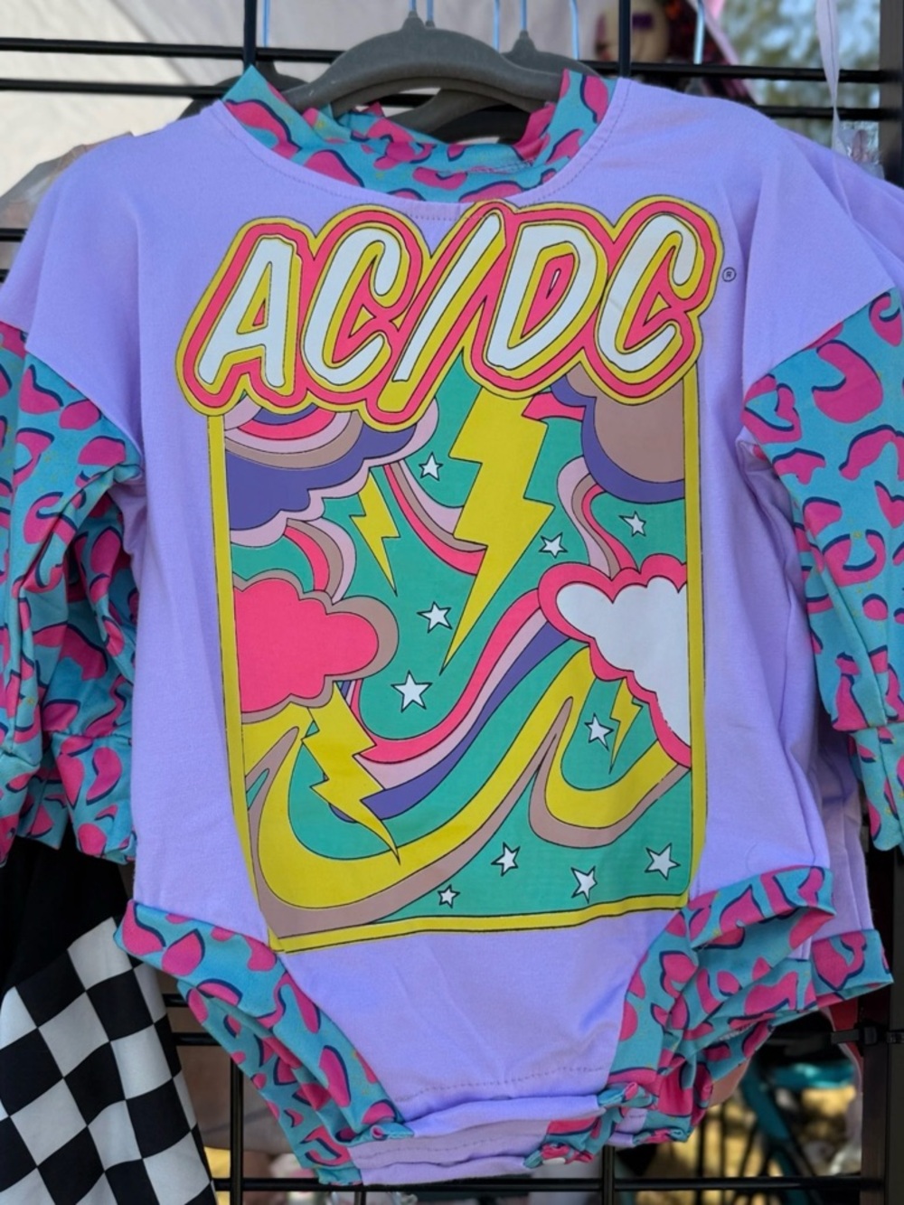 AC/DC Lavender Romper with Neon Teal, Hot Pink & Yellow Graphic